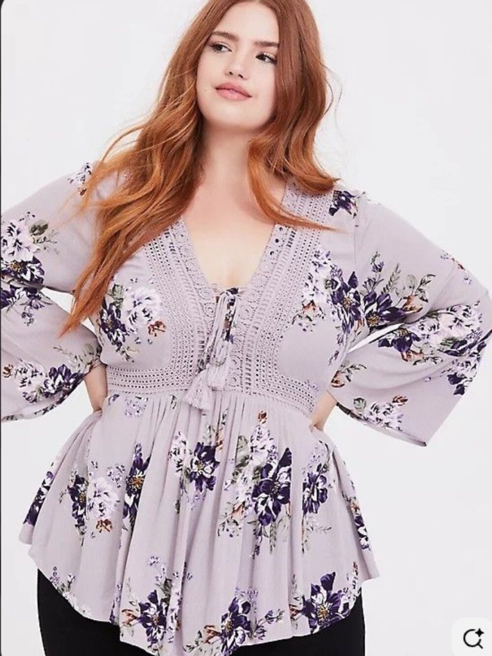 Torrid Lavender Floral Crochet-Trim Peasant Top Size 2 (=2X)